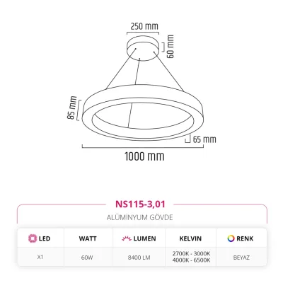 Nevo 100 Cm Ledli Yuvarlak Simit Linear Sarkıt Beyaz Ns115-3 — 2. görsel