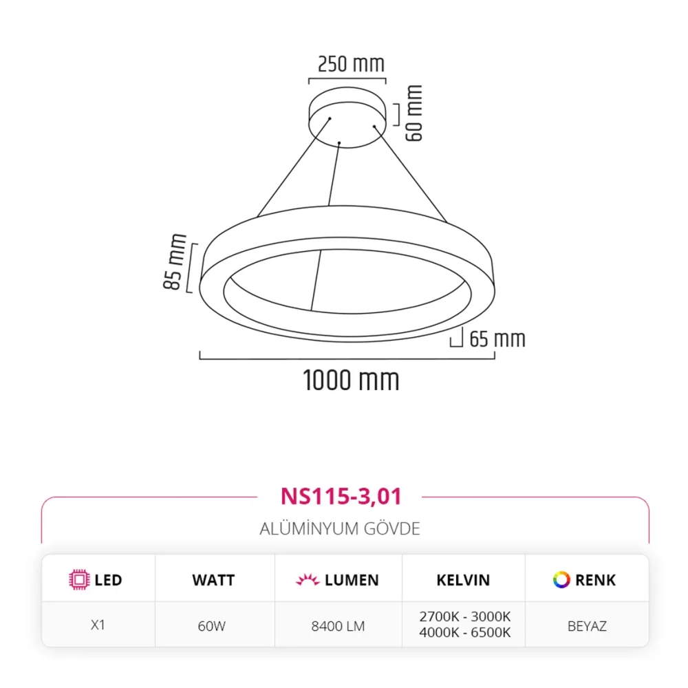 Nevo 100 Cm Ledli Yuvarlak Simit Linear Sarkıt Beyaz Ns115-3 — 2. görsel