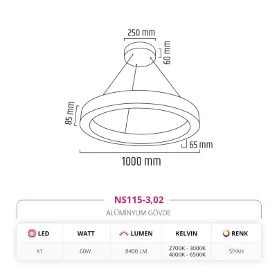 Nevo 100 Cm Ledli Yuvarlak Simit Linear Sarkıt Siyah Ns115-3 — 2. görsel
