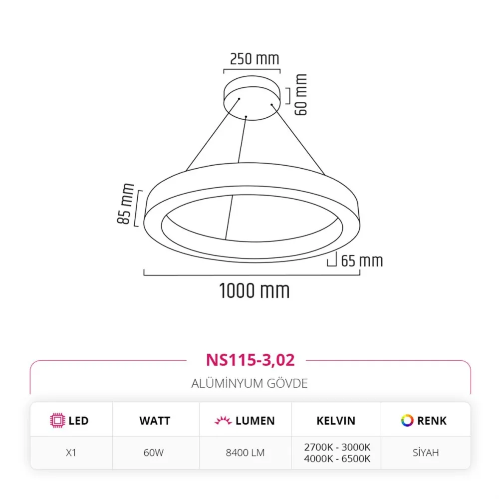 Nevo 100 Cm Ledli Yuvarlak Simit Linear Sarkıt Siyah Ns115-3 — 2. görsel