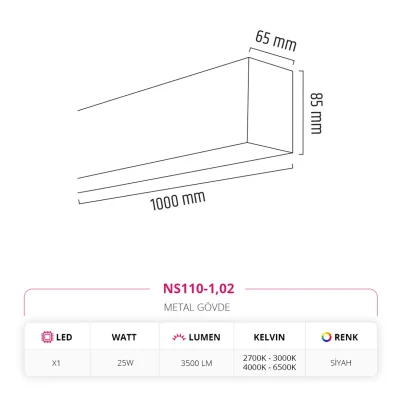 Nevo 100 Cm Linear Sarkıt Siyah Ns110-1 — 2. görsel