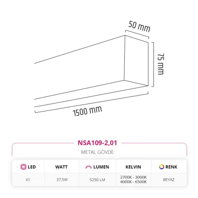 Nevo 150 Cm Linear Sıva Üstü Armatür Beyaz Nsa109-2 — 2. görsel