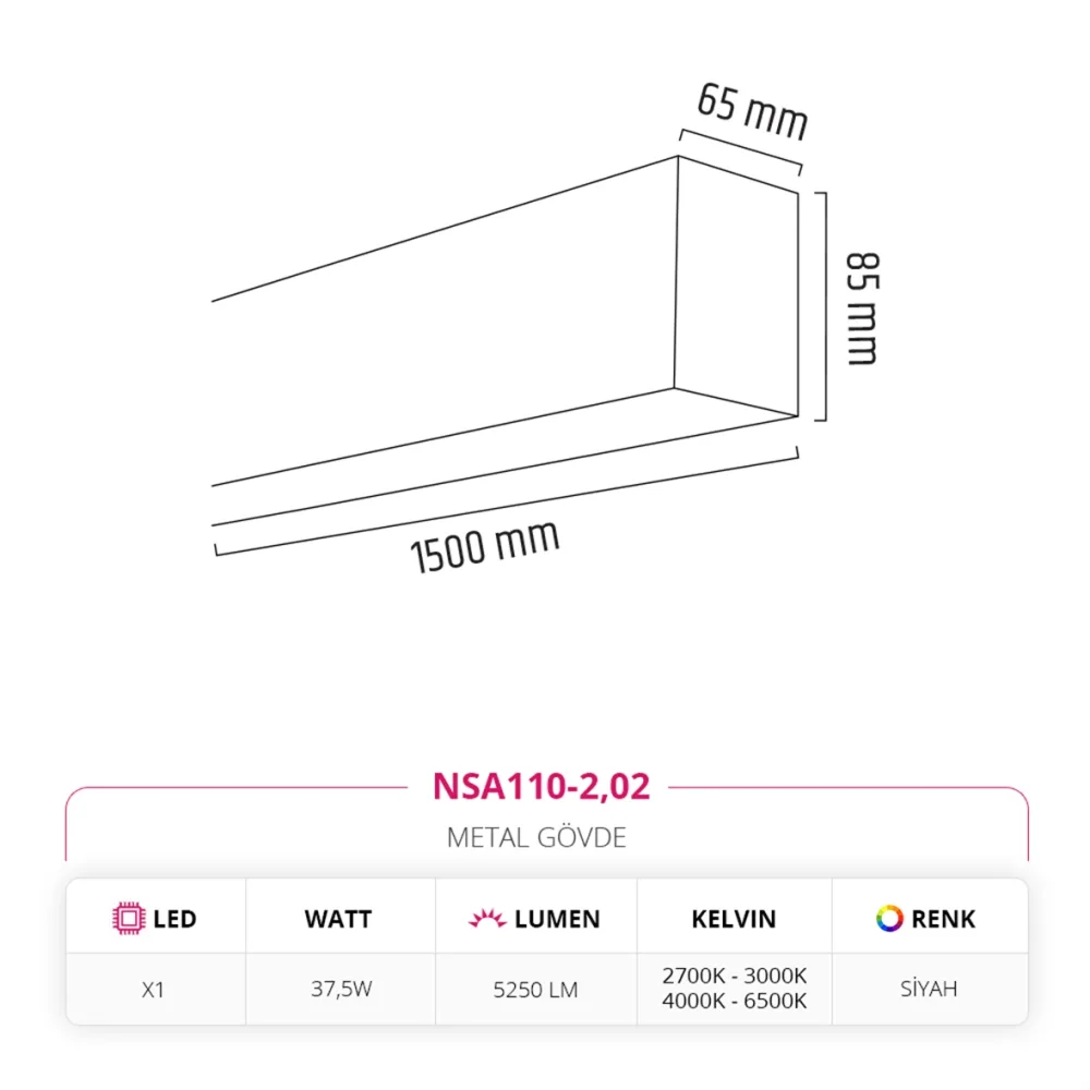 Nevo 150 Cm Linear Sıva Üstü Armatür Siyah Nsa110-2 — 2. görsel