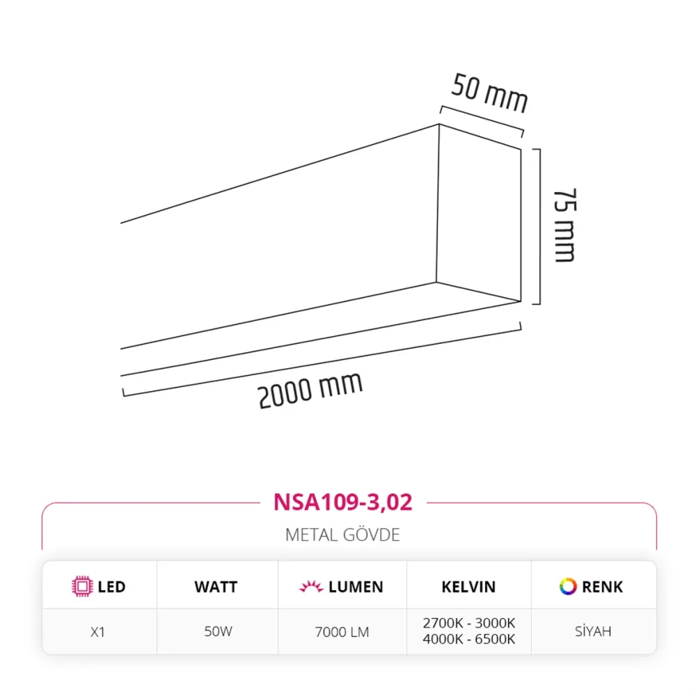Nevo 200 Cm Linear Sıva Üstü Armatür Siyah Nsa109-3 — 2. görsel