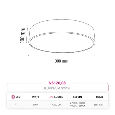 Nevo 30 Cm Sıva Üstü Ledli Tavan Armatürü Eskitme Ns120