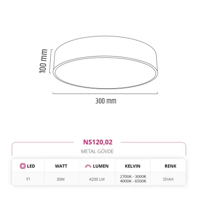 Nevo 30 Cm Sıva Üstü Ledli Tavan Armatürü Siyah Ns120 — 2. görsel