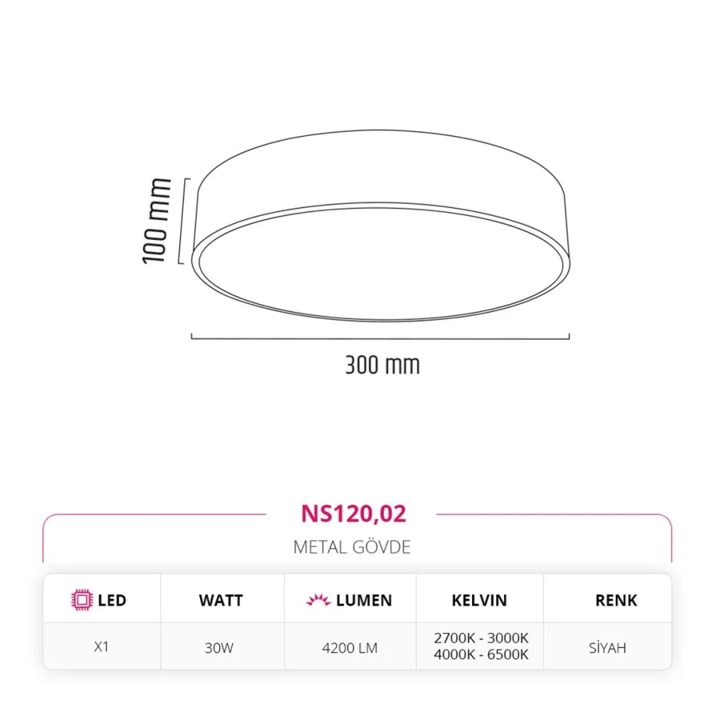 Nevo 30 Cm Sıva Üstü Ledli Tavan Armatürü Siyah Ns120 — 2. görsel