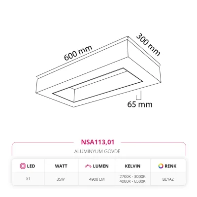 Nevo 30 X 60 Cm Sıva Üstü Linear Armatür Beyaz Nsa113 — 3. görsel