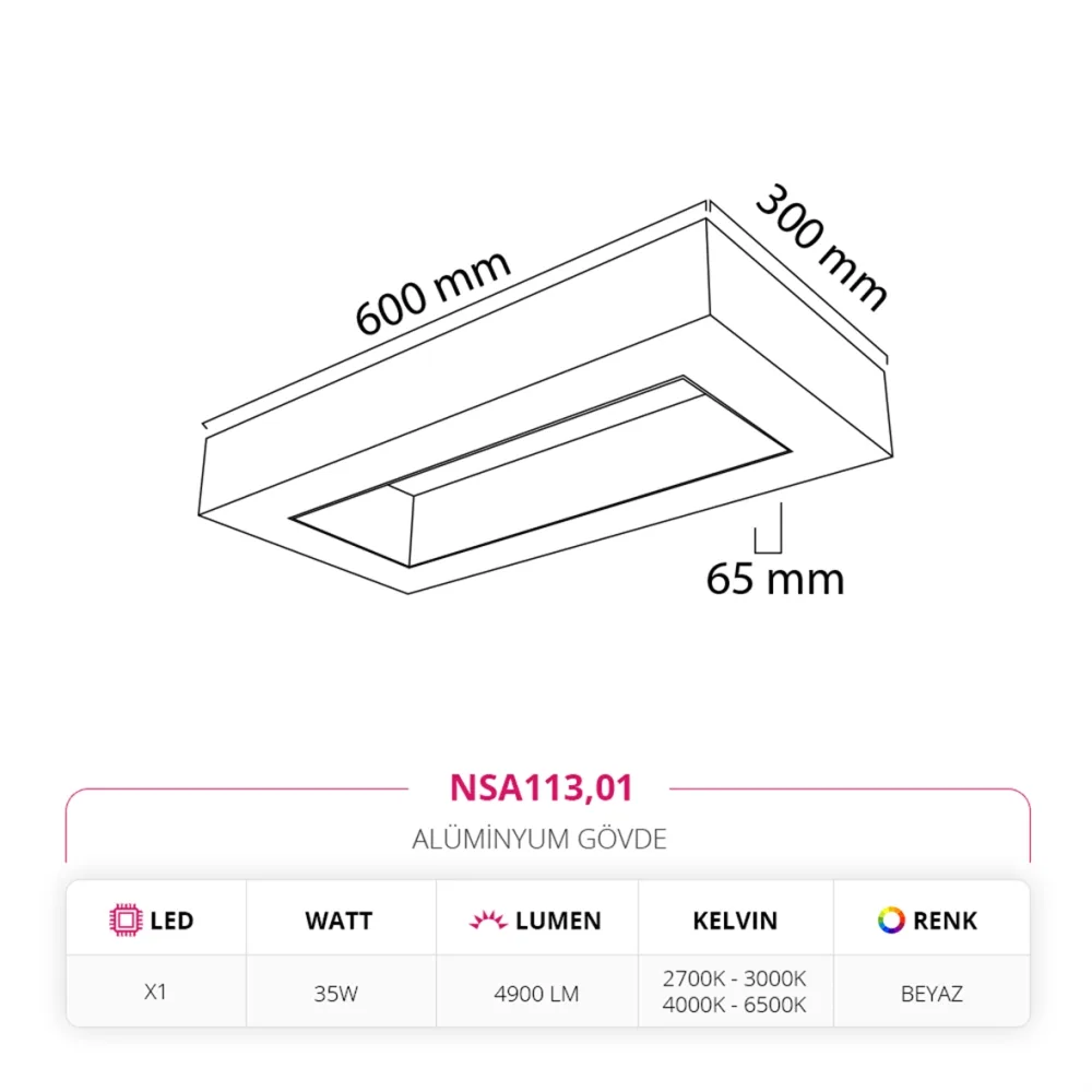 Nevo 30 X 60 Cm Sıva Üstü Linear Armatür Beyaz Nsa113 — 3. görsel