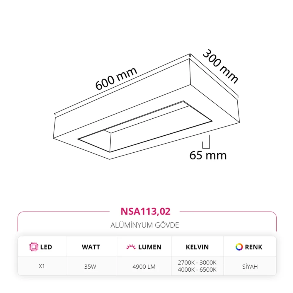 Nevo 30 X 60 Cm Sıva Üstü Linear Armatür Siyah Nsa113 — 3. görsel