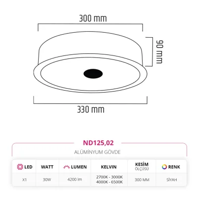 Nevo 33 Cm Sıva Altı Led Armatür Siyah Nd125 — 3. görsel