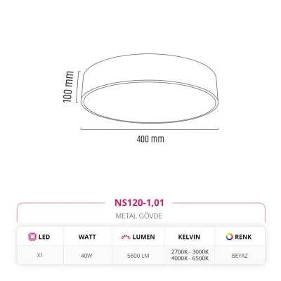 Nevo 40 Cm Sıva Üstü Ledli Tavan Armatürü Beyaz Ns120-1 — 2. görsel