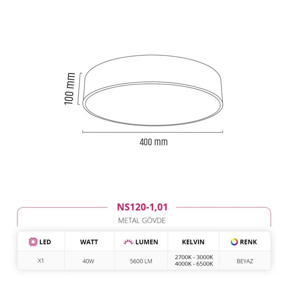 Nevo 40 Cm Sıva Üstü Ledli Tavan Armatürü Beyaz Ns120-1 — 2. görsel