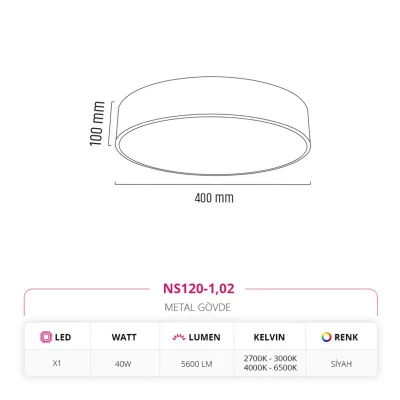Nevo 40 Cm Sıva Üstü Ledli Tavan Armatürü Siyah Ns120-1 — 2. görsel