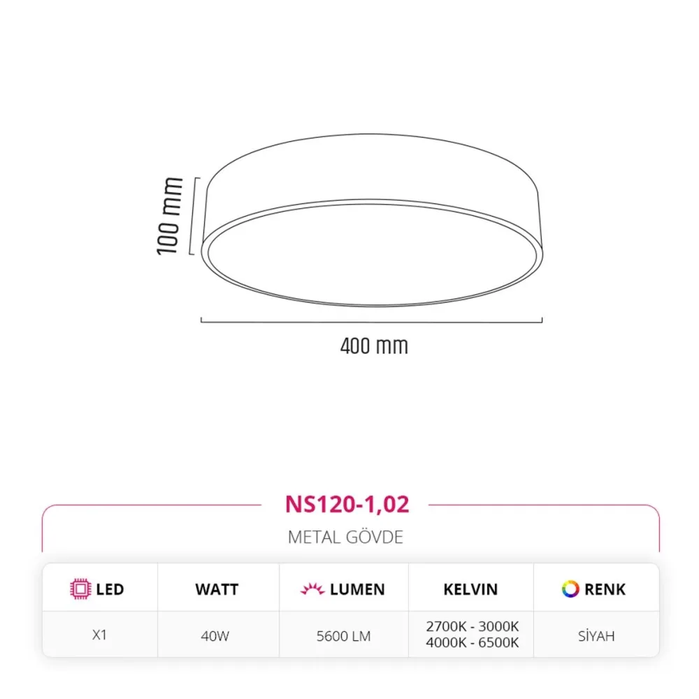 Nevo 40 Cm Sıva Üstü Ledli Tavan Armatürü Siyah Ns120-1 — 2. görsel