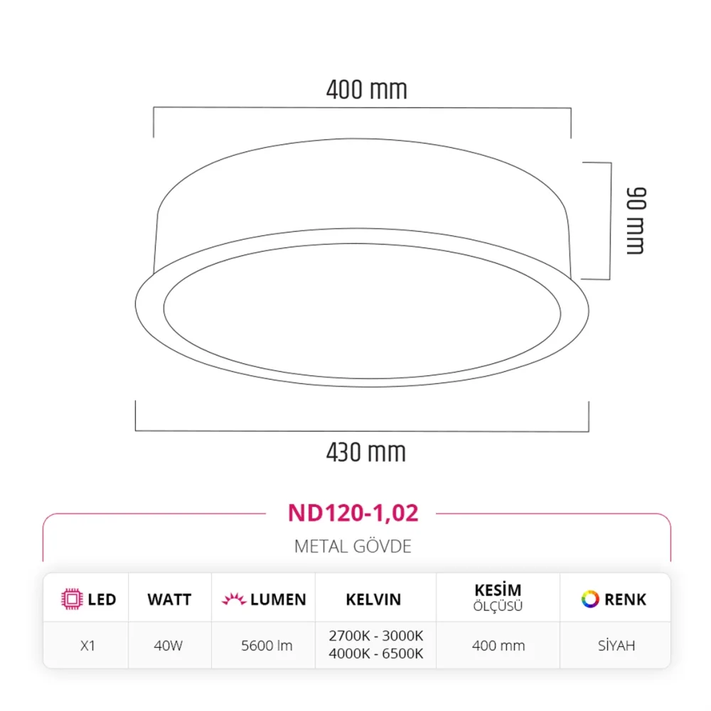 Nevo 43 Cm Sıva Altı Led Armatür Siyah Nd120-1 — 2. görsel