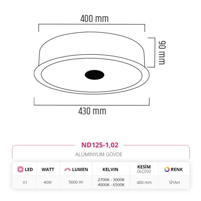 Nevo 43 Cm Sıva Altı Led Armatür Siyah Nd125-1 — 3. görsel