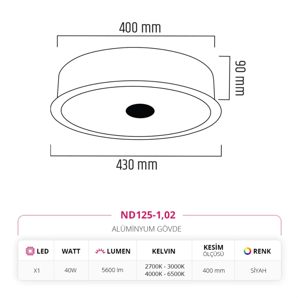 Nevo 43 Cm Sıva Altı Led Armatür Siyah Nd125-1 — 3. görsel