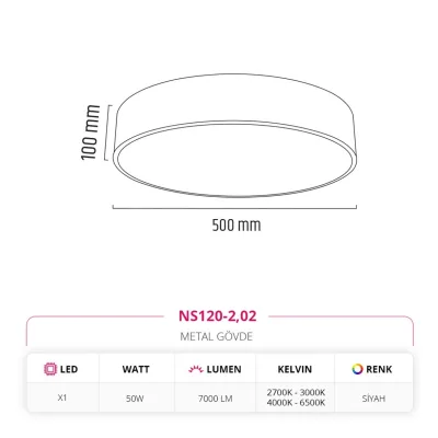 Nevo 50 Cm Sıva Üstü Ledli Tavan Armatürü Siyah Ns120-2 — 2. görsel