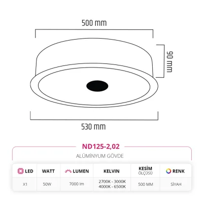 Nevo 53 Cm Sıva Altı Led Armatür Siyah Nd125-2 — 3. görsel