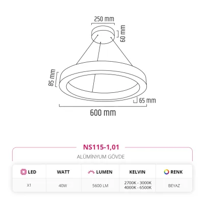 Nevo 60 Cm Ledli Yuvarlak Simit Linear Sarkıt Beyaz Ns115-1 — 2. görsel