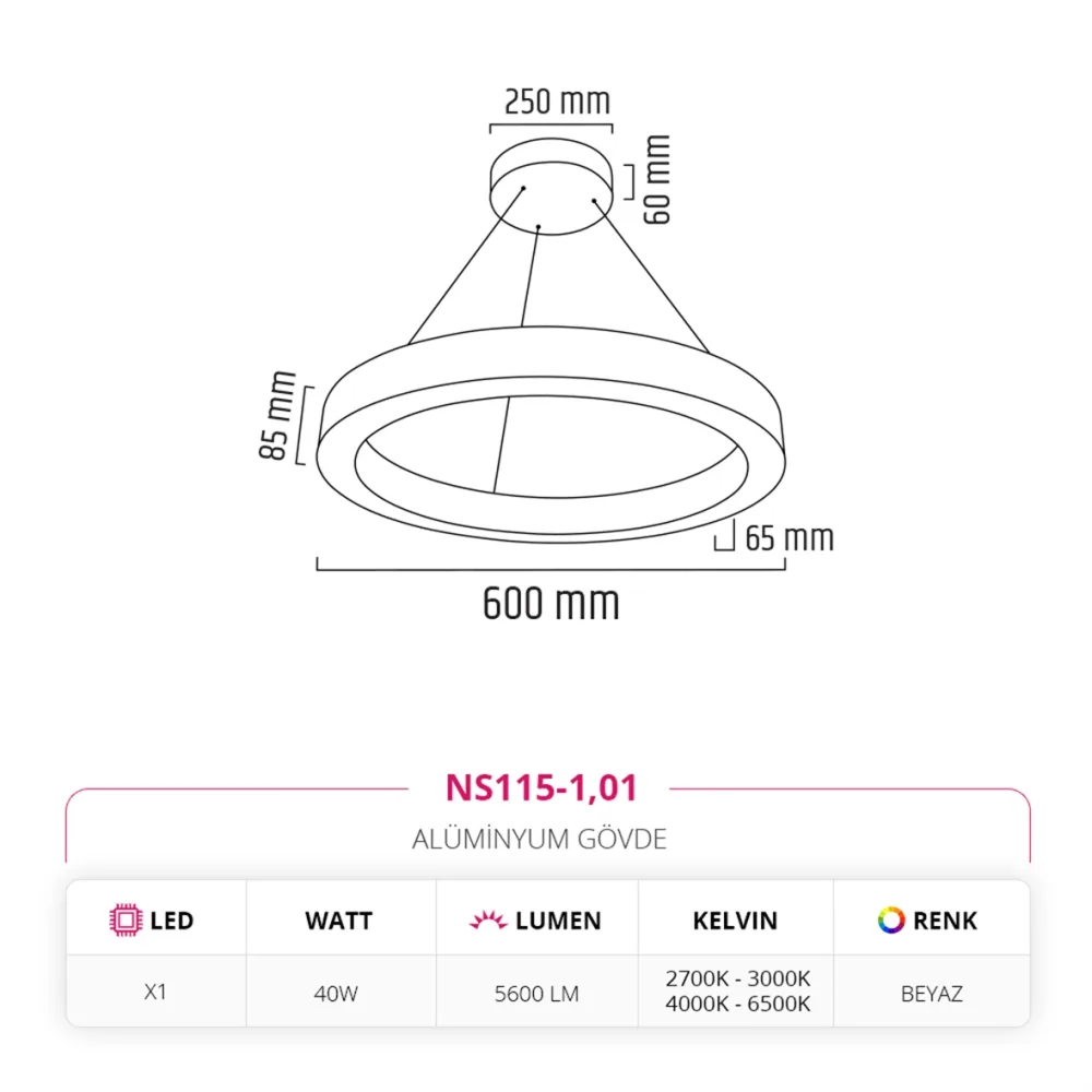 Nevo 60 Cm Ledli Yuvarlak Simit Linear Sarkıt Beyaz Ns115-1 — 2. görsel