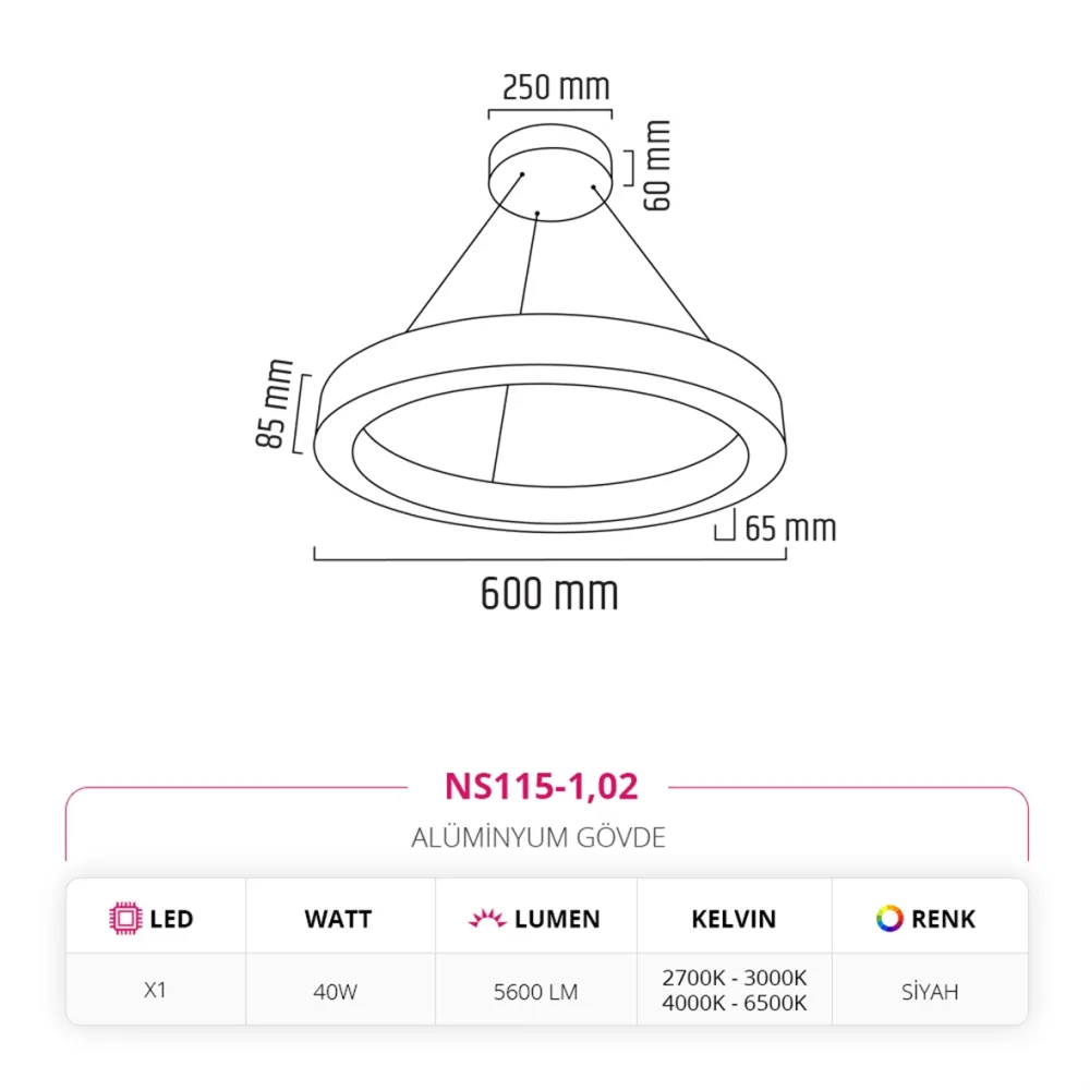 Nevo 60 Cm Ledli Yuvarlak Simit Linear Sarkıt Siyah Ns115-1 — 2. görsel