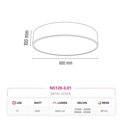 Nevo 60 Cm Sıva Üstü Ledli Tavan Armatürü Beyaz Ns120-3 — 2. görsel