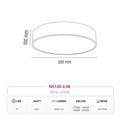 Nevo 60 Cm Sıva Üstü Ledli Tavan Armatürü Eskitme Ns120-3