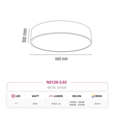 Nevo 60 Cm Sıva Üstü Ledli Tavan Armatürü Siyah Ns120-3 — 2. görsel