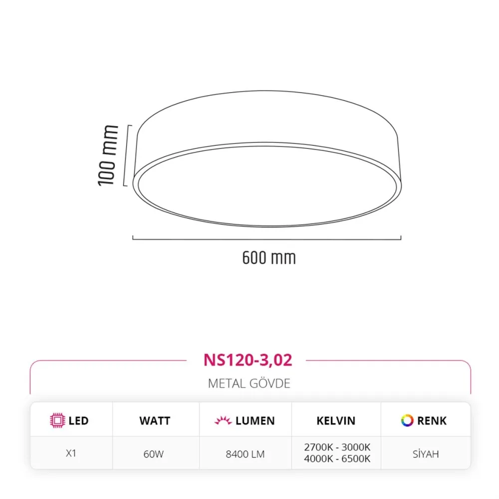Nevo 60 Cm Sıva Üstü Ledli Tavan Armatürü Siyah Ns120-3 — 2. görsel