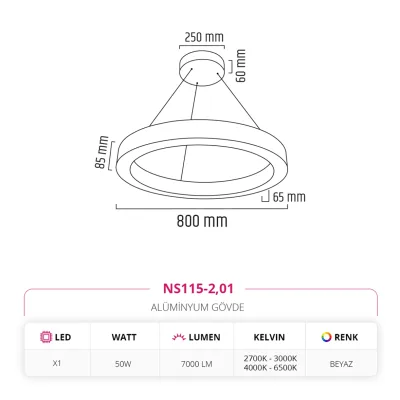 Nevo 80 Cm Ledli Yuvarlak Simit Linear Sarkıt Beyaz Ns115-2 — 2. görsel