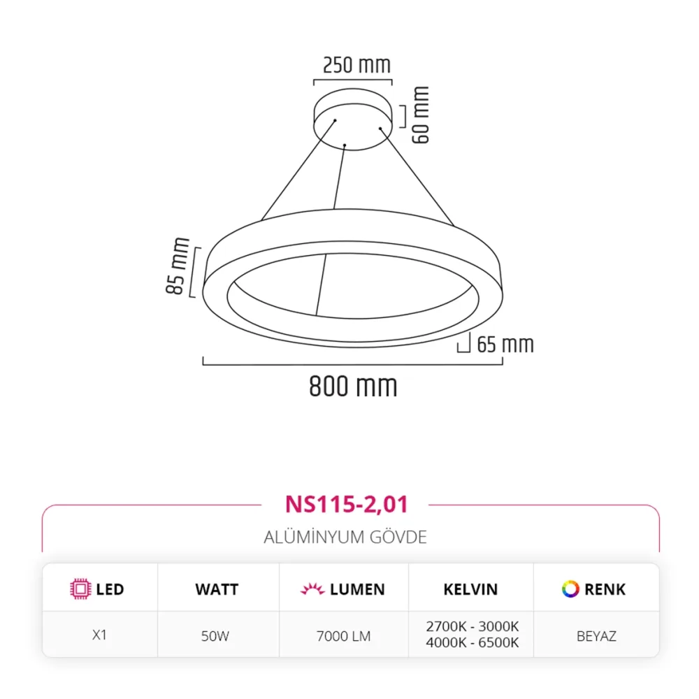 Nevo 80 Cm Ledli Yuvarlak Simit Linear Sarkıt Beyaz Ns115-2 — 2. görsel