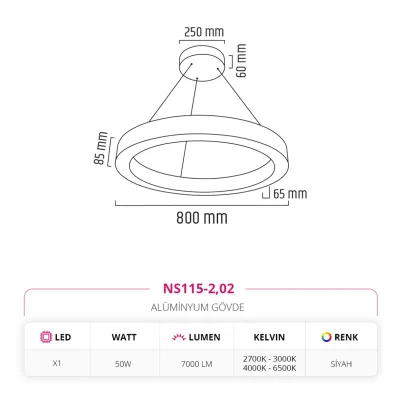 Nevo 80 Cm Ledli Yuvarlak Simit Linear Sarkıt Siyah Ns115-2 — 2. görsel