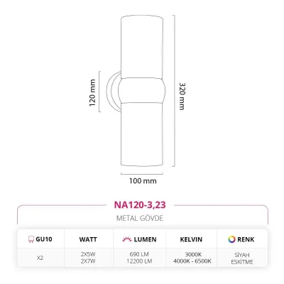 Nevo Çift Yönlü İç Mekan Aplik Siyah Eskitme Na120-3