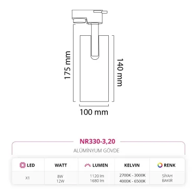 Nevo Dekoratif Ray Spot Siyah Bakır Nr330-3