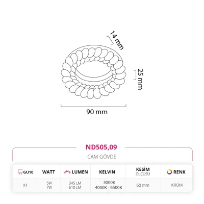 Nevo Sıva Altı Cam Spot Krom Nd505
