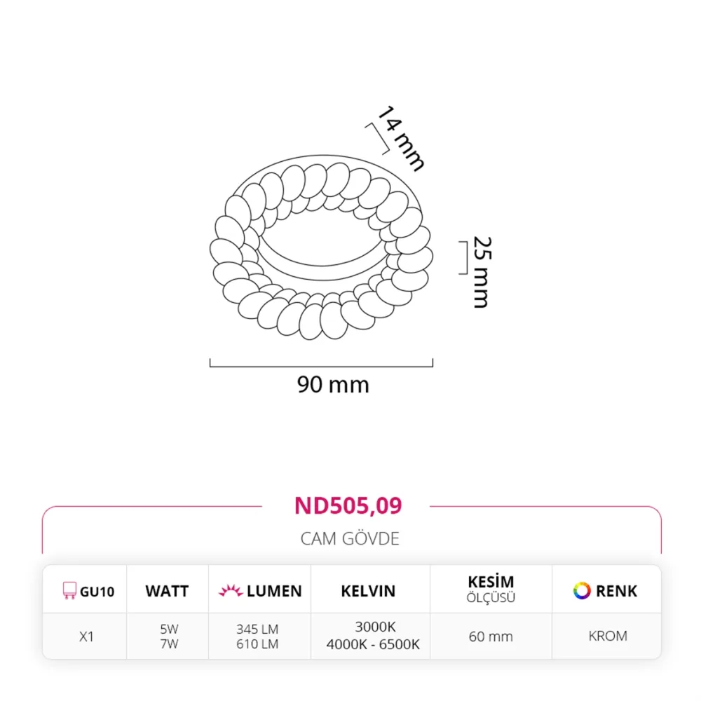 Nevo Sıva Altı Cam Spot Krom Nd505 — 2. görsel