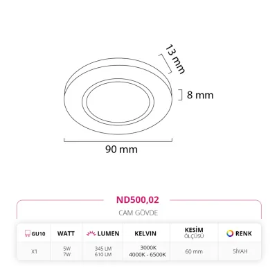 Nevo Sıva Altı Cam Spot Siyah Nd500