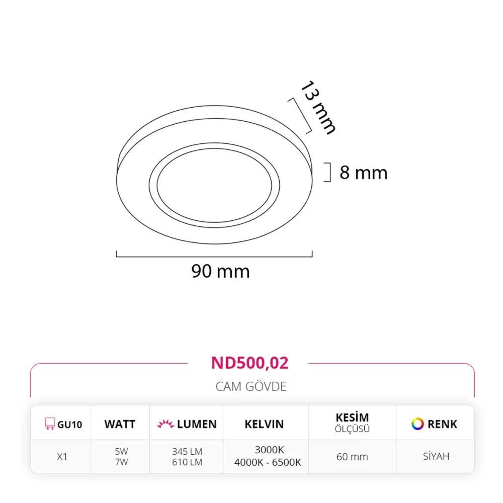 Nevo Sıva Altı Cam Spot Siyah Nd500 — 2. görsel