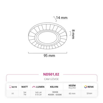 Nevo Sıva Altı Cam Spot Siyah Nd501