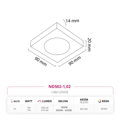 Nevo Sıva Altı Cam Spot Siyah Nd502-1