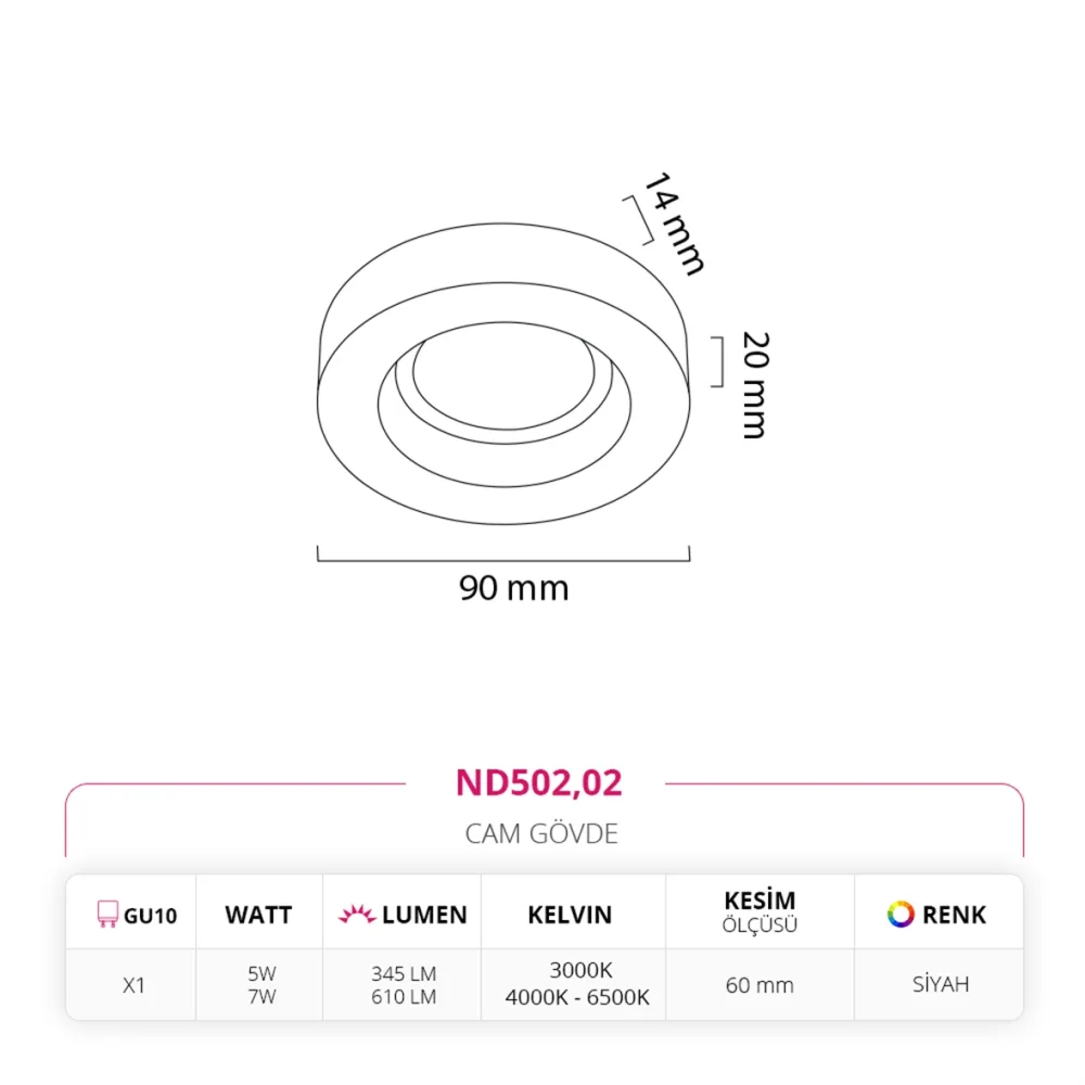 Nevo Sıva Altı Cam Spot Siyah Nd502 — 2. görsel