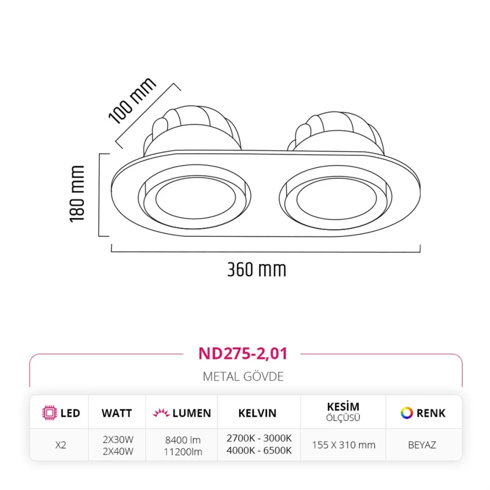 Nevo Sıva Altı İkili Led Spot Beyaz Nd275-2 — 5. görsel