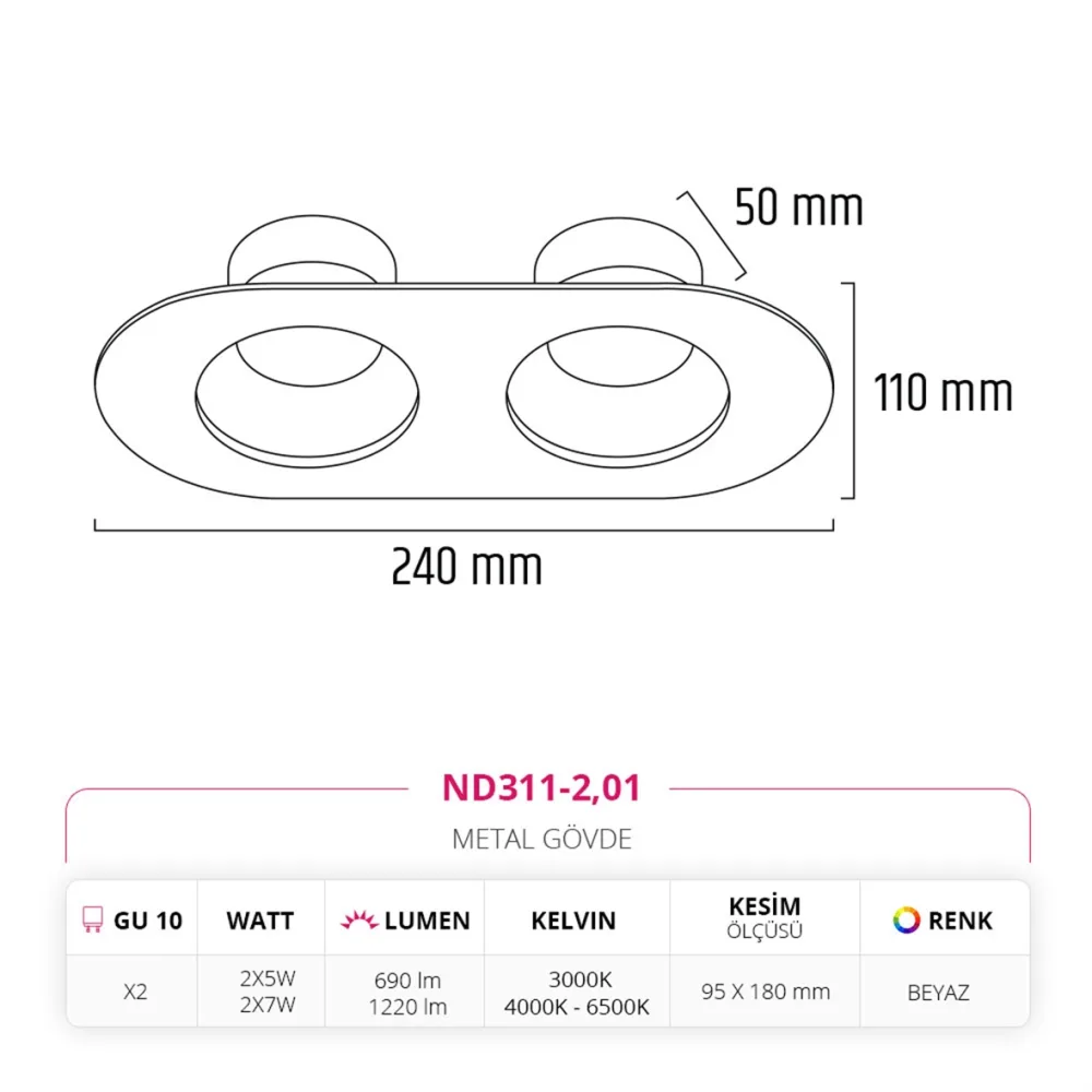 Nevo Sıva Altı İkili Led Spot Beyaz Nd311-2 — 3. görsel
