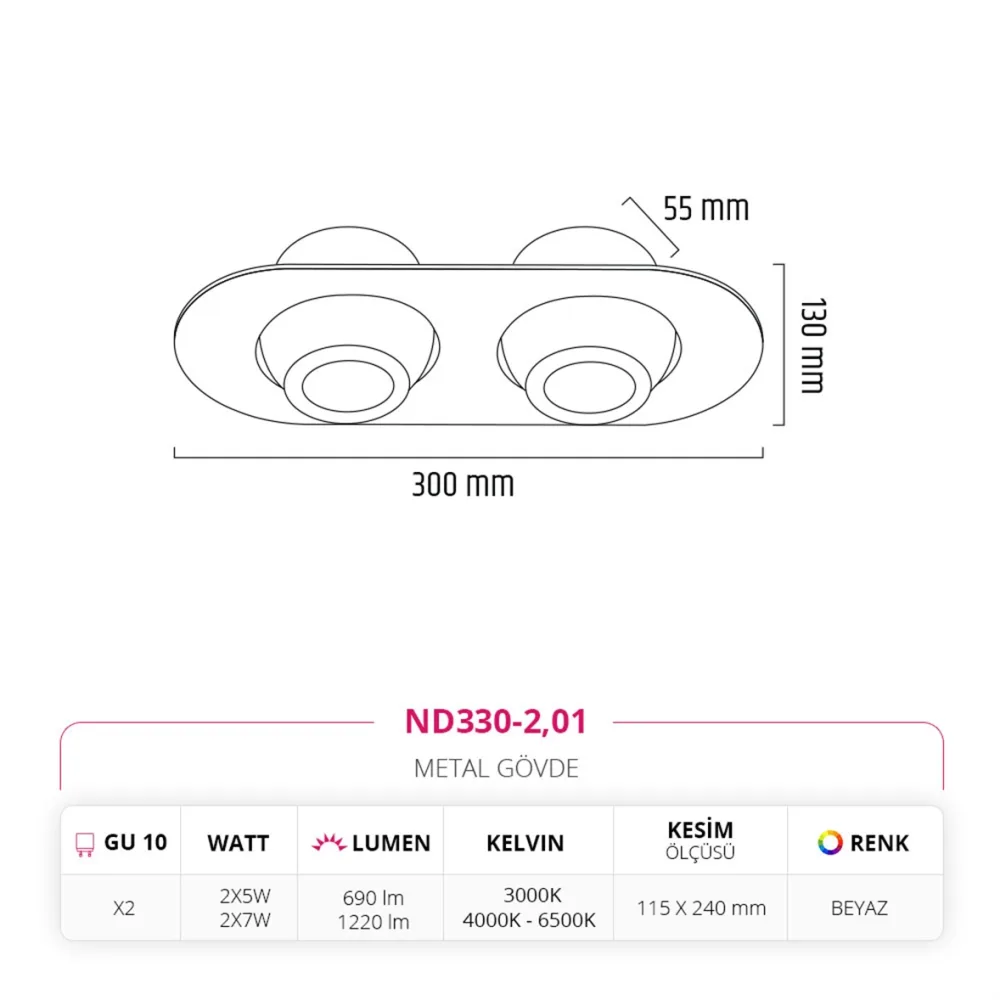 Nevo Sıva Altı İkili Led Spot Beyaz Nd330-2 — 3. görsel