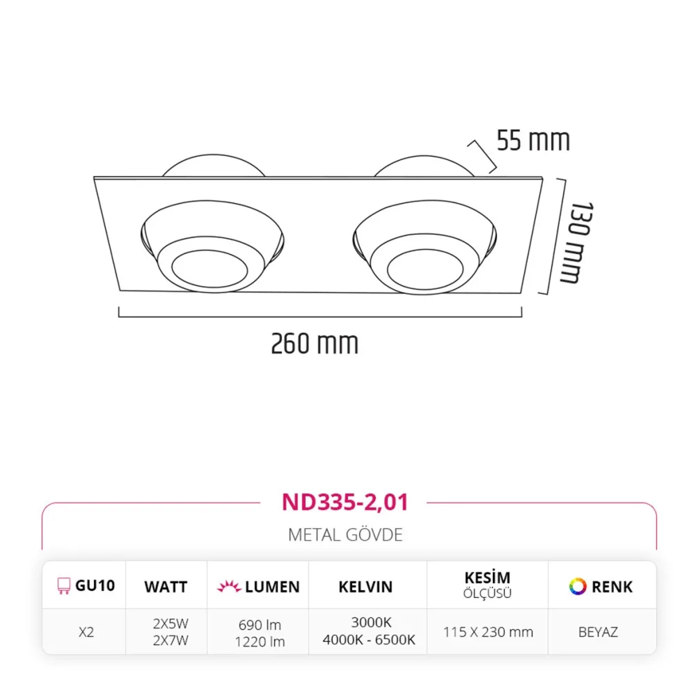 Nevo Sıva Altı İkili Led Spot Beyaz Nd335-2 — 3. görsel