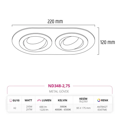 Nevo Sıva Altı İkili Led Spot Eskitme Antrasit Nd348-2 — 3. görsel