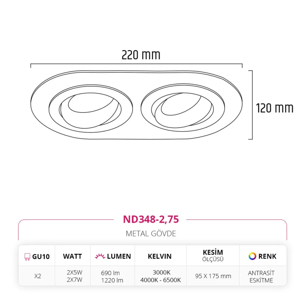 Nevo Sıva Altı İkili Led Spot Eskitme Antrasit Nd348-2 — 3. görsel