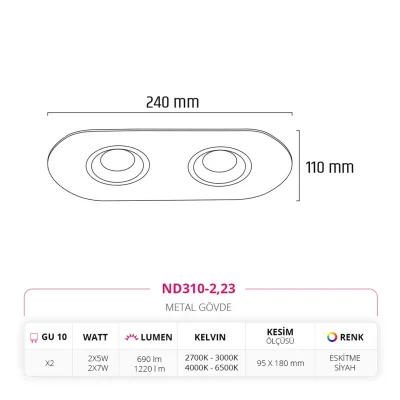 Nevo Sıva Altı İkili Led Spot Eskitme Siyah Nd310-2 — 3. görsel